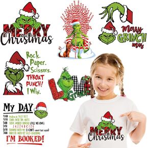 Christmas Iron on Stickers Christmas Green Cartoon Iron on Decals Christmas Vinyl Heat Transfer Christmas Letter Iron on Patches for Clothing Bag Pillow Covers DIY Craft Supplies Vinyl Stickers 6PCS