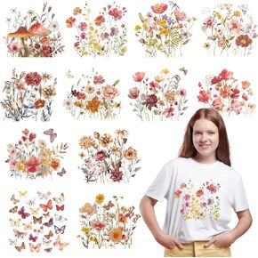 Dtf Transfers Ready to Press - 12 Pcs Flower Iron on Transfers for T-Shirts Boho Floral Iron on Patches Stickers Heat Transfer Vinyl Decals for Clothes Bag Pillow DIY Crafts Fabric Decor