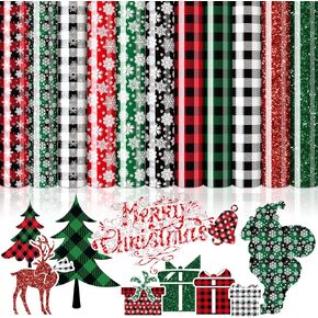 AnyDesign 11 Sheet Christmas Heat Transfer Vinyl Glitter HTV Iron on Vinyl Snowflake Plaid Pattern Adhesive Craft Vinyl for Christmas Holiday DIY Fabric Silhouette Hat Bag Craft Supplies, 9.6 x 11.8"