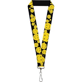 Buckle-Down Lanyard, Smiley Face Splatter Scattered Black Yellow, Elastic