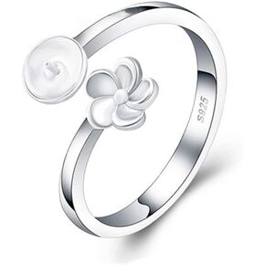 Sterling Silver Flower Design Adjustable Rings for Women, Design Pearl Ring Mounts Fittings with Pearl Seat for DIY Pearl Jewelry Making
