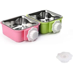 Crate Dog Bowl,Removable Stainless Steel Water Food Feeder Bowls Crate Coop Cup,Pet Cage Bowls with Bolt Holder for Cat, Puppy, Birds, Rats, Rabbits Small Animals ((Blue+Pink) Square, Samll)