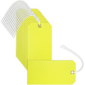 200 Pieces Blank Yellow Tag Shipping Tags 1.97 x 3.93 Inches Tags with Wire Paper Tags Gift Tags with Ribbon with Strings with Reinforced Fiber Patch. (Yellow)