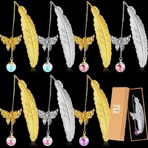 Lincia 8 Pcs Christmas Metal Feather Bookmarks for Women Teacher Gifts with 3D Butterfly Pendant Feather Book Markers for Graduation Party Teacher Appreciation Birthday Gifts Mothers Day Readers