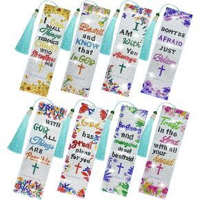 12Pcs Christian Bible Verse Diamond Art Bookmark for Adults Pu Leather Flower Cross 5d Diamond Painting Bookmarks with Tassel for DIY Making Kit for Reading Lover Book Lover DIY Crafts Religious Gift