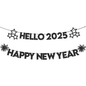 KatchOn, Glitter Black Happy New Year Banner 2025-10 Feet, No DIY | Hello 2025 Banner for Happy New Year Decorations 2025 | New Years Banner, New Years Eve Party Supplies 2025 | NYE Decorations 2025