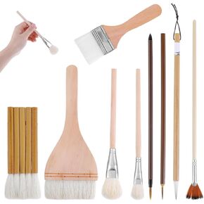 9 Pcs Pottery Glaze Brushes Wood Ceramic Brushes with Long Handle Acrylic Watercolor Wool Bristle Art Paintbrush Sets Different Shapes Glaze Brushes for Students Artist Kids Adults