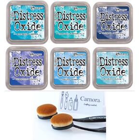 Tim Holtz Ranger Distress Oxide Ink, 6 Blues, Mermaid Lagoon, Peacock Feathers, Chipped Sapphire, Blueprint Sketch, Salty Ocean, Broken China, 6 Inks, 2 Carnora Ink Blending Brushes, 8 Item Bundle