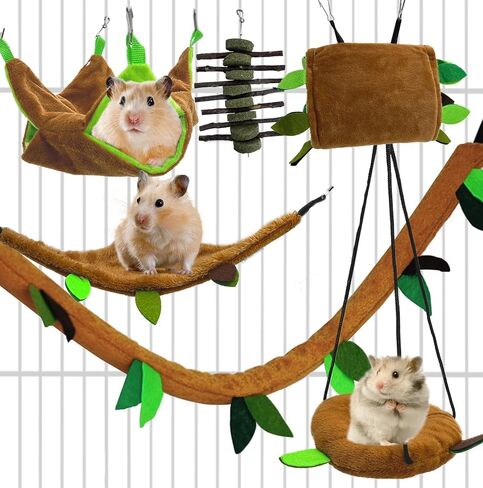 Hamiledyi 6 PCS Hamster Hammock Small Animals Hanging Warm Bed House Organic Natural Apple Wood Chewing Stick Rat Cage Nest Accessories Toy Hanging Tunnel and Swing for Sugar Glider Squirrel in Saudi Arabia