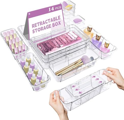 14 Pcs Clear Drawer Organizer,Retractable Drawer Storage Box,3-Size Desk Drawer Organizer,Acrylic Storage Bins for Makeup,Cosmetic,Kitchen Utensils,Jewelry,Bedroom Dressers Tool Organizer for Gadgets in Kuwait