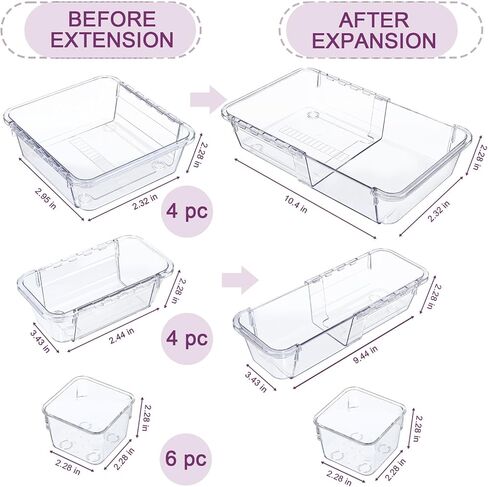 14 Pcs Clear Drawer Organizer,Retractable Drawer Storage Box,3-Size Desk Drawer Organizer,Acrylic Storage Bins for Makeup,Cosmetic,Kitchen Utensils,Jewelry,Bedroom Dressers Tool Organizer for Gadgets in Kuwait