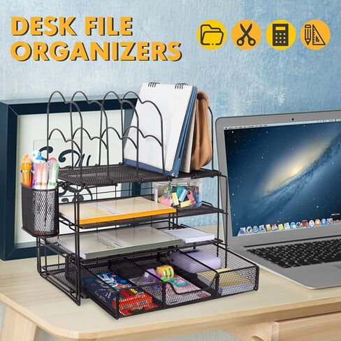 Desktop Desktop File Organizer, All in One Desk Organizer with Pen Holder File Tray Sorters Drawer, Stylish Desk Accessories & Workspace Organizers for Home Office School Supplies (Black) in Saudi Arabia