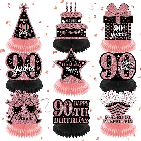 9Pcs Rose Gold 90th Birthday Decorations Rose Gold Black Happy 90th Birthday Table Honeycomb Centerpieces for Table Decor 90th Birthday Table Topper for Women 90th Birthday Anniversary Party Supplies in Saudi Arabia