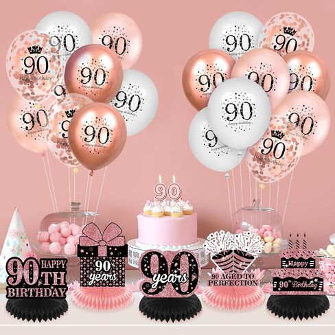9Pcs Rose Gold 90th Birthday Decorations Rose Gold Black Happy 90th Birthday Table Honeycomb Centerpieces for Table Decor 90th Birthday Table Topper for Women 90th Birthday Anniversary Party Supplies in Saudi Arabia