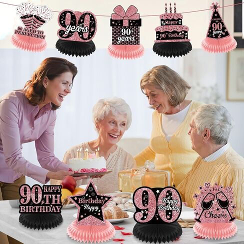 9Pcs Rose Gold 90th Birthday Decorations Rose Gold Black Happy 90th Birthday Table Honeycomb Centerpieces for Table Decor 90th Birthday Table Topper for Women 90th Birthday Anniversary Party Supplies in Saudi Arabia