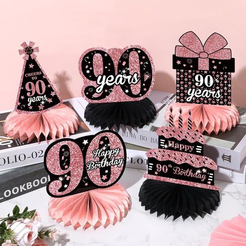 9Pcs Rose Gold 90th Birthday Decorations Rose Gold Black Happy 90th Birthday Table Honeycomb Centerpieces for Table Decor 90th Birthday Table Topper for Women 90th Birthday Anniversary Party Supplies in Saudi Arabia
