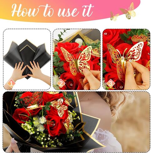 57 Pcs, Flower Wrapping Paper, Black Flower Bouquet Wrapping Paper, Flower Pins 3D Butterflies for Bouquets, Floral Wrapping Paper, Wrapping Paper for Flower Bouquet Wedding Birthday Gift DIY in Kuwait