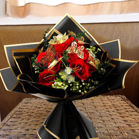 57 Pcs, Flower Wrapping Paper, Black Flower Bouquet Wrapping Paper, Flower Pins 3D Butterflies for Bouquets, Floral Wrapping Paper, Wrapping Paper for Flower Bouquet Wedding Birthday Gift DIY in Kuwait