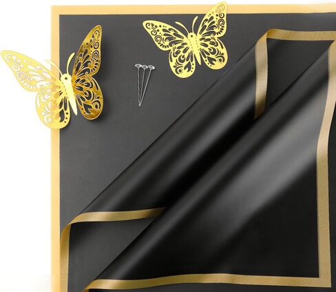 57 Pcs, Flower Wrapping Paper, Black Flower Bouquet Wrapping Paper, Flower Pins 3D Butterflies for Bouquets, Floral Wrapping Paper, Wrapping Paper for Flower Bouquet Wedding Birthday Gift DIY in Kuwait