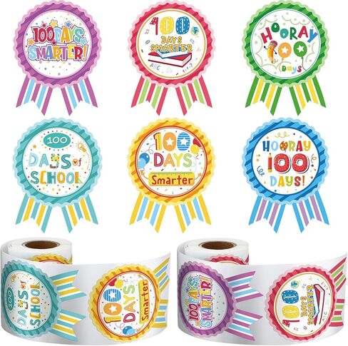 204 Pieces 100 Days of School Teacher Reward Stickers, Colorful Roll Ribbon Badge Sticker 100 Days Smarter Hooray 100 Days Motivational Tags for Kids Kindergarten School Party Decoration in Saudi Arabia
