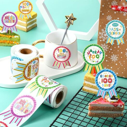 204 Pieces 100 Days of School Teacher Reward Stickers, Colorful Roll Ribbon Badge Sticker 100 Days Smarter Hooray 100 Days Motivational Tags for Kids Kindergarten School Party Decoration in Saudi Arabia