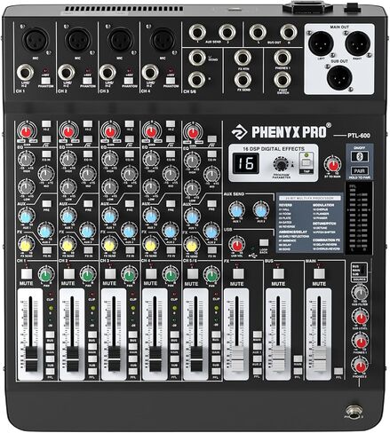 جهاز مزج الصوت الاحترافي ذو 8 قنوات، لوحة مزج الصوت Phenyx Pro DJ مع AUX مرن، حافلة، توجيه فرعي، 16 DSP، بث BT وتسجيل USB-B للكمبيوتر الشخصي، وحدة تحكم خلط للمسرح، استوديو منزلي (PTL-800) in Kuwait