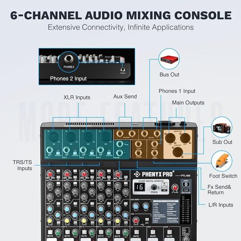 جهاز مزج الصوت الاحترافي ذو 8 قنوات، لوحة مزج الصوت Phenyx Pro DJ مع AUX مرن، حافلة، توجيه فرعي، 16 DSP، بث BT وتسجيل USB-B للكمبيوتر الشخصي، وحدة تحكم خلط للمسرح، استوديو منزلي (PTL-800) in Kuwait