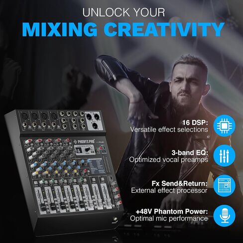 جهاز مزج الصوت الاحترافي ذو 8 قنوات، لوحة مزج الصوت Phenyx Pro DJ مع AUX مرن، حافلة، توجيه فرعي، 16 DSP، بث BT وتسجيل USB-B للكمبيوتر الشخصي، وحدة تحكم خلط للمسرح، استوديو منزلي (PTL-800) in Kuwait