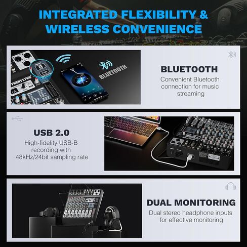 جهاز مزج الصوت الاحترافي ذو 8 قنوات، لوحة مزج الصوت Phenyx Pro DJ مع AUX مرن، حافلة، توجيه فرعي، 16 DSP، بث BT وتسجيل USB-B للكمبيوتر الشخصي، وحدة تحكم خلط للمسرح، استوديو منزلي (PTL-800) in Kuwait