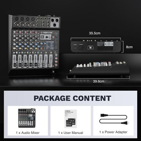 جهاز مزج الصوت الاحترافي ذو 8 قنوات، لوحة مزج الصوت Phenyx Pro DJ مع AUX مرن، حافلة، توجيه فرعي، 16 DSP، بث BT وتسجيل USB-B للكمبيوتر الشخصي، وحدة تحكم خلط للمسرح، استوديو منزلي (PTL-800) in Kuwait