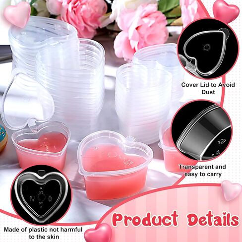 Layhit 100 Pcs Valentine's Day Heart Shaped Storage Containers 1.7 Oz Plastic Mini Heart Box Clear Food Storage Containers with Lids Portion Cups for DIY Craft Making Liquid Foam Ball Soft Clay in Saudi Arabia