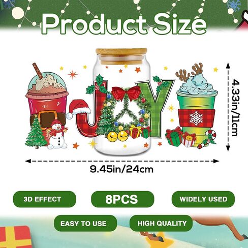Christmas UV DTF Cup Wrap - 8 Sheets Cartoon Christmas UV DTF Cup Wraps for 16 OZ Snowman Dinosaur Animal UVDTF Cup Wraps Waterproof UV DTF Transfer Stickers for Glass Cup Wood DIY Crafts in Saudi Arabia