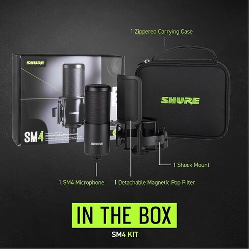 طقم ميكروفون تسجيل ستوديو SM4 من Shure، ميكروفون مكثف XLR Home Studio مع صوت جاهز للمزج - هيكل معدني بالكامل، يتضمن مرشح بوب مغناطيسي قابل للفصل وحامل للصدمات (SM4-K-KIT) in Saudi Arabia