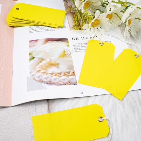 200 Pieces Blank Yellow Tag Shipping Tags 1.97 x 3.93 Inches Tags with Wire Paper Tags Gift Tags with Ribbon with Strings with Reinforced Fiber Patch. (Yellow) in Saudi Arabia