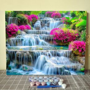 Frorest Waterfall Paint by Numbers Log Cabin in Autumn Paint by Numbers Kits for Adult,Natural Landscape Painting for Home Wall Decor Art Crafts without Framed 16''W x 20''H