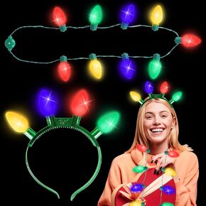 LOKIPA 2PCS Christmas Lights Headband, LED Christmas Light Bulb Headbands Christmas Light Necklace with 9 Light Bulbs and Xmas Headband with 4 Light Bulbs for Adult Christmas Party Supplies Accessory