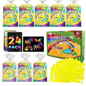 Decojoy Party Favors for Kids 4-8, Scratch Art Birthday Return Gifts, Bulk Rainbow Scratch Paper Notebook 24 Sets Supplies, Cool Craft Kit Goodie Bags Stuffers for Girls Boys School Classroom