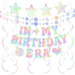 38 Pcs in My Birthday Era Party Decoration Iridescent Star Hanging Banner Swirl Era Tour Metallic Laser Bunting Garland with Spiral for Its A Girl Music Party Decor