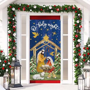 Christmas Door Cover Decorations,Jesus Nativity Scene Christmas Fabric Door Decoration Porch Sign Holy Night Outdoor Religious Front Door Banner Winter Holiday New Year Xmas Office Home Party Supplies