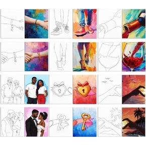 WEBEEDY 12 Pcs Pre Drawn Canvas Painting Couple Pre Printed Canvas Sip and Paint Kit,8 x 10 Inch Paint Party Set for Adults Couples Date Night Christmas Anniversary Valentine's Day Gift,20x25cm