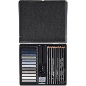 LYRA - Metal Box Grey Shades 9 Assorted Pencils Charcoal Sepia Blood 12 Assorted Painting Crayons and Accessories