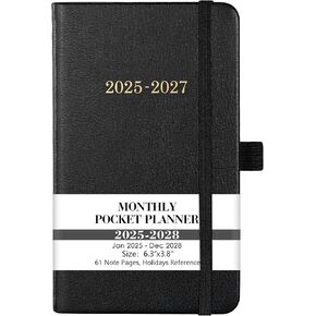 2025-2027 Pocket Planner - 3 Year Monthly Planner 2025-2027, Jan. 2025 - Dec. 2027(36 Months), 6.2" x 3.8", Pocket Planner with 60 Note Pages, Pen Holder, Back Pocket - Black