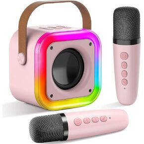 Mini Karaoke Machine for Kids, Bluetooth Karaoke Speaker with 2 Wireless Microphones and LED Lights for Kids and Adults, Birthday Gifts for Girls Boys 3, 4, 5, 6, 7, 8+ Year Old