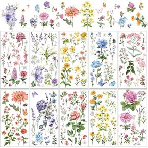 10 Sheets Botanical Flower Rub on Transfers for Craft Vintage Floral Furniture Rub on Transfers Sticker Decals Decorations for Cabinet Wood Door DIY Craft, 6 x 12 Inches (Wildflower Style)