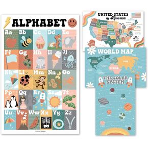 4 Retro Pre K Learning Posters For Toddlers 1-3 - ABC Poster For Toddlers Wall, Solar System Poster For Kids Maps, Preschool Classroom Map Of The World Poster, Kindergarten Homeschool Supplies…