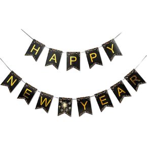 New Year Banner 2025, Happy New Year Bunting Banner with Shiny Gold Letter, New Year Party Decorations Supplies 2025.