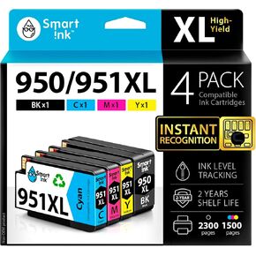 Smart Ink Compatible Ink Cartridge Replacement for HP 950XL 951XL 950 XL 951 XL 4 Combo Pack to use with Officejet Pro 8600 plus 8610 8620 8100 8625 8630 Printers (1 Black & 1 Cyan 1 Magenta 1 Yellow)