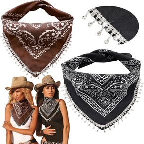 Vabean 2 Pcs Disco Rhinestone Fringed Bandana Paisley Bandanas Cowgirl Bachelorette Rhinestones Tassel Bandanas