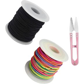 Elastic Bracelet String,3 Rolls Total 495 Feet 1mm,1.2mm Stretchy String Sturdy Elastic Beading Cord Kit with Scissors for Bracelets,Jewelry Making,Nacklace,Beading(Black+White+Colorful, 1MM)