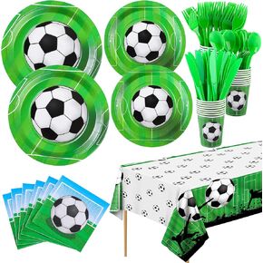 ADXCO 169 Pieces Soccer Theme Party Supplies Set Disposable Party Tableware Soccer Party Pack Including Paper Plates, Cups, Napkins, Forks, Spoons, Knives for Birthday Sports Event, Serves 24 Guests
